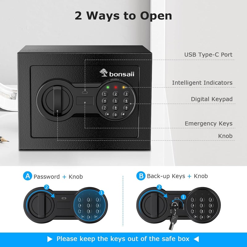 bonsaii Safe Box with Electronic Keypad, Steel Security Lock Box with Key, 0.23 Cubic Feet, 9.06" W x 6.69" D x 6.69" H, Small Hidden Safe for Cash Jewelry - Image 4